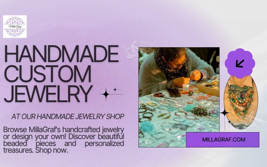 Handmade custom jewelry banner with a person crafting jewelry at the MillaGraf shop