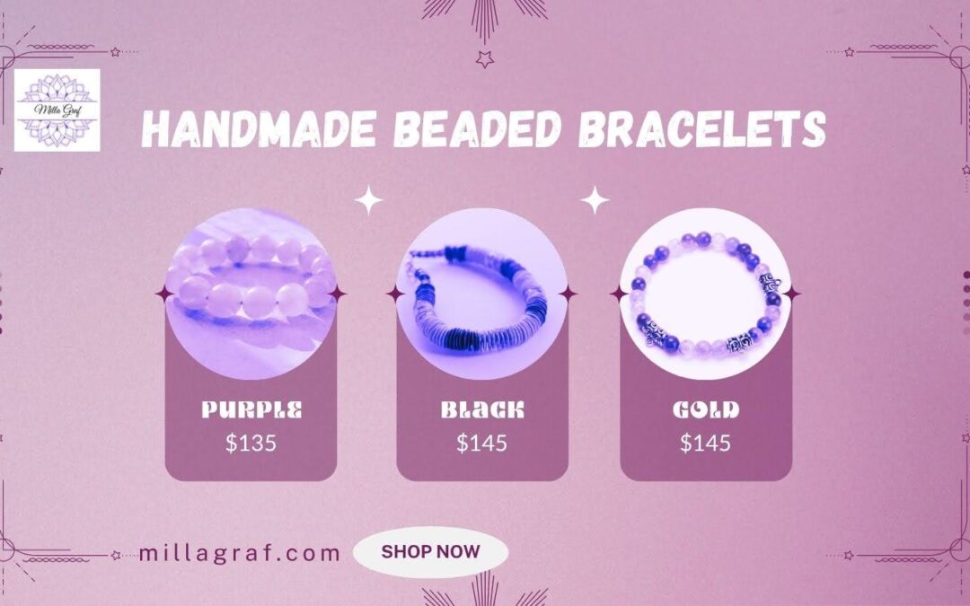 MillaGraf handmade beaded bracelets in purple, black, and gold designs displayed on a pink background with a shop link for US and Canada customers